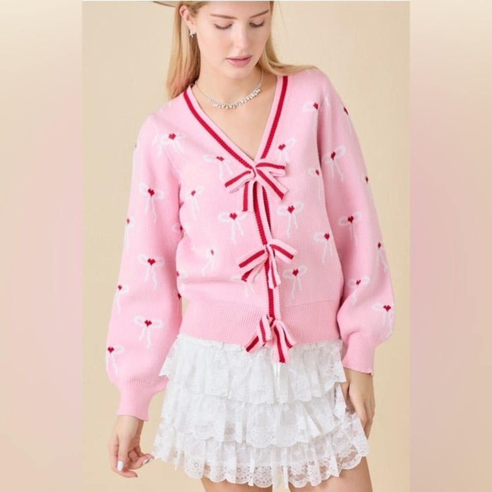 Ribbon Bow Print Striped Cardigan - Main Strip
